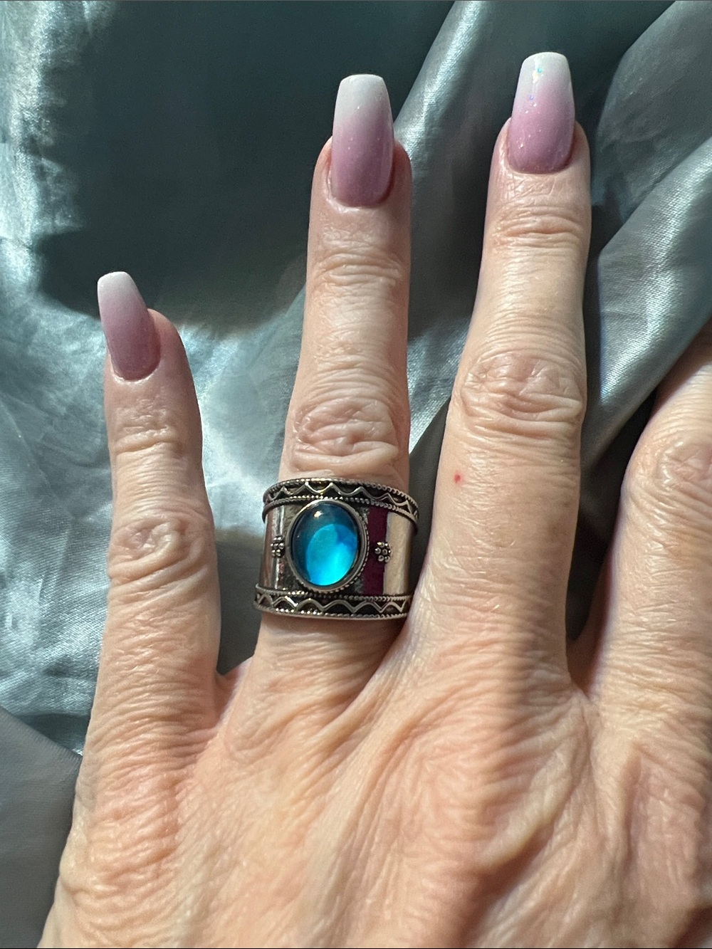 Boho style Blue Opalescent Centerband Ring — Silver-Tone Wide Band